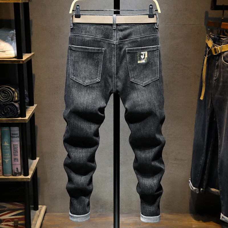 Korean Style Fashion Men Jeans Retro Black Gray Elastic Slim Fit Vintage Jeans Men Embroidery Designer Casual Denim Pencil Pants