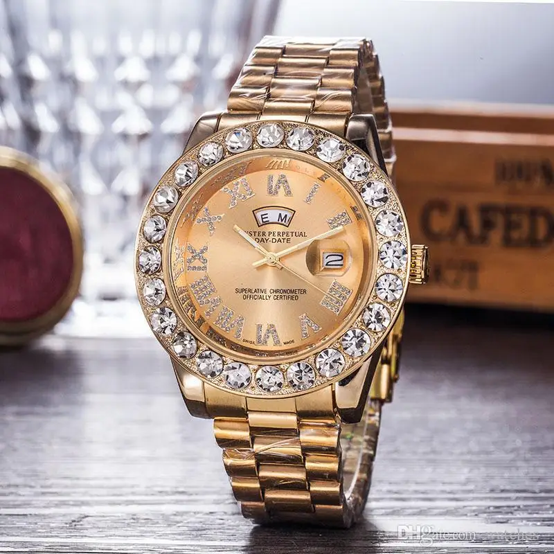 President Day Date Gold Perpetual Роскошные мужские часы с большим алмазным ободком из