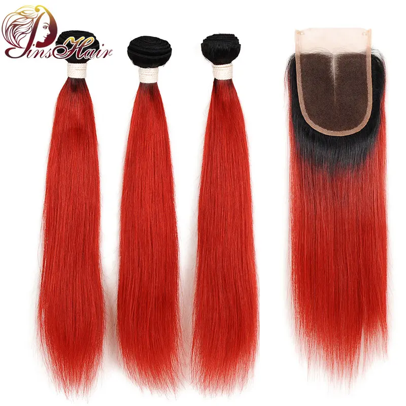 Омбре T1B/красные бразильские волосы пряди с закрытием прямые человеческие 3 Pinshair