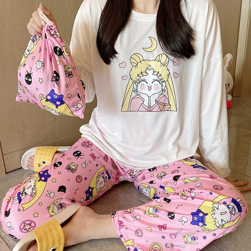 

2021 New Sailor Moon Printed Ladies Pajamas Set Spring and Autumn Long Sleeve Pajamas Cute Pink Cartoon Women's Home Service