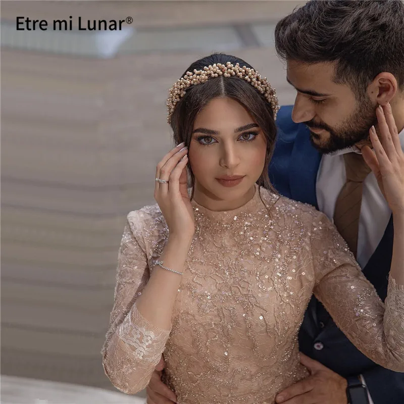 

Gold Luxury Long Sleeves Lace Evening Dresses 2020 High Neck Beading A-Line Evening Gowns vestido de noche LE40736