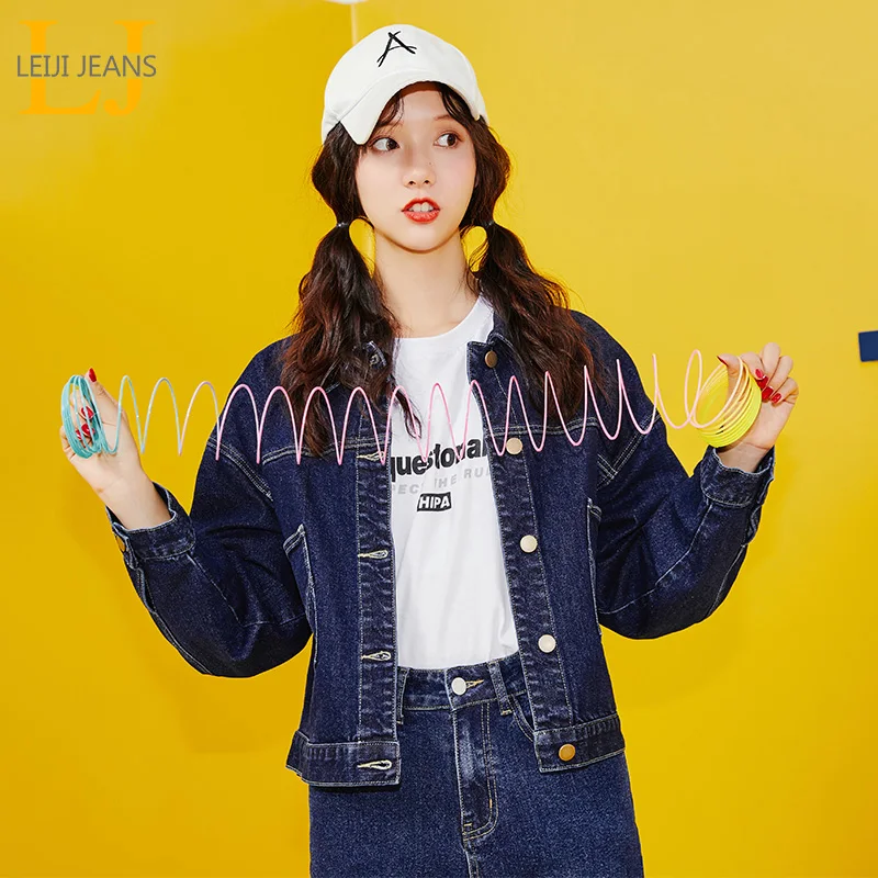 Женская короткая джинсовая куртка LEIJIJEANS, классическая повседневная темно-синяя куртка из денима c пуговицами на спине, новая модная модель больших размеров от S до 6XL