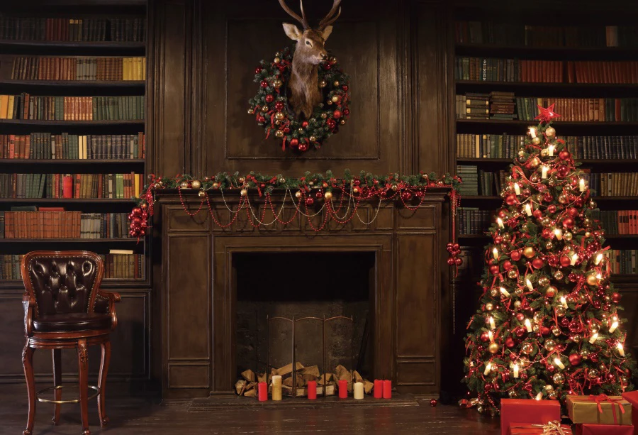 Старая деревянная книжная полка книги комната камин Рождество олень дерево