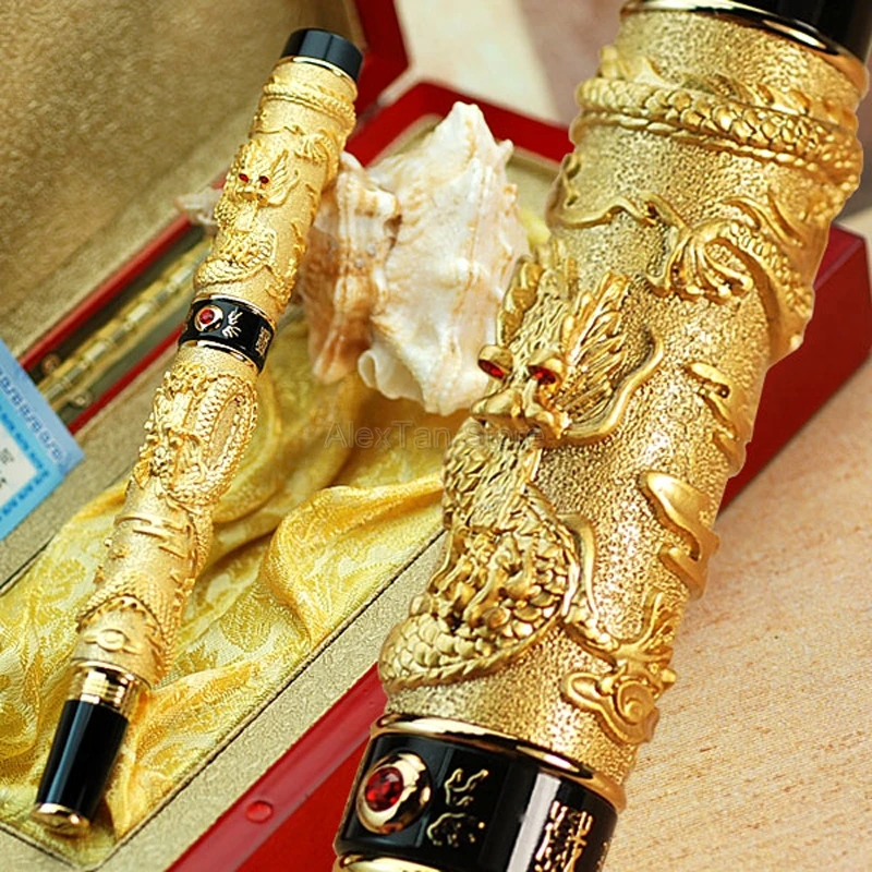 Jinhao Great Double Dragon Playing Pearl, Metal Carving Embossing Heavy Pen Gold For Writing Rollerball Pen With Gift Box