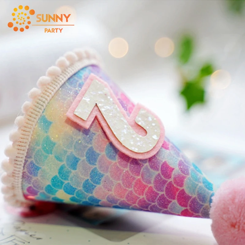 Child Colorful Mermaid Tail Party Hat Glitter Fish Scale Birthday Caps Princess Crown Hats Baby 1st Decoration Supplies | Дом и сад