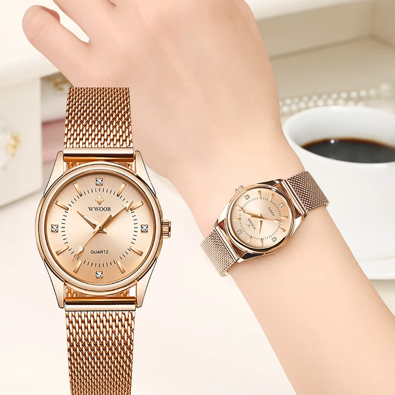 

Rose Gold Mesh Belt Ladies Watch WWOOR 2021 Casual Dress Fashion Diamond Women Wrist Watch Waterproof Simple Female Quartz Watch