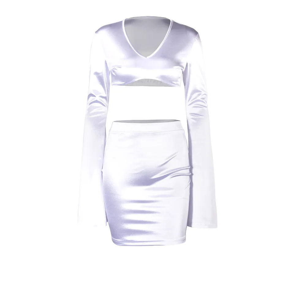 

Autumn women's V-neck sexy open navel long sleeve short skirt solid nightclub party set 8343