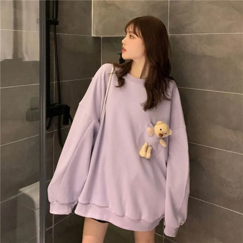 

Plus Size Spring Autumn Women Loose Cute Pocket Bear Hoodie Sweatshirt Girls Casual Kawaii Harajuku Pullover Tops College Style