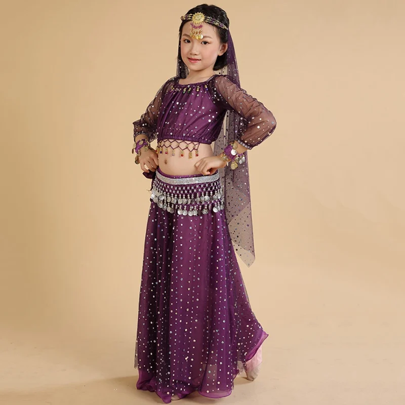 Purple Костюмы для танца живота для девочек, детские костюмы для танца живота, индийские танцевальные костюмы для выступлений в Болливуде, комплект одежды для восточных танцев - Цвет: Purple