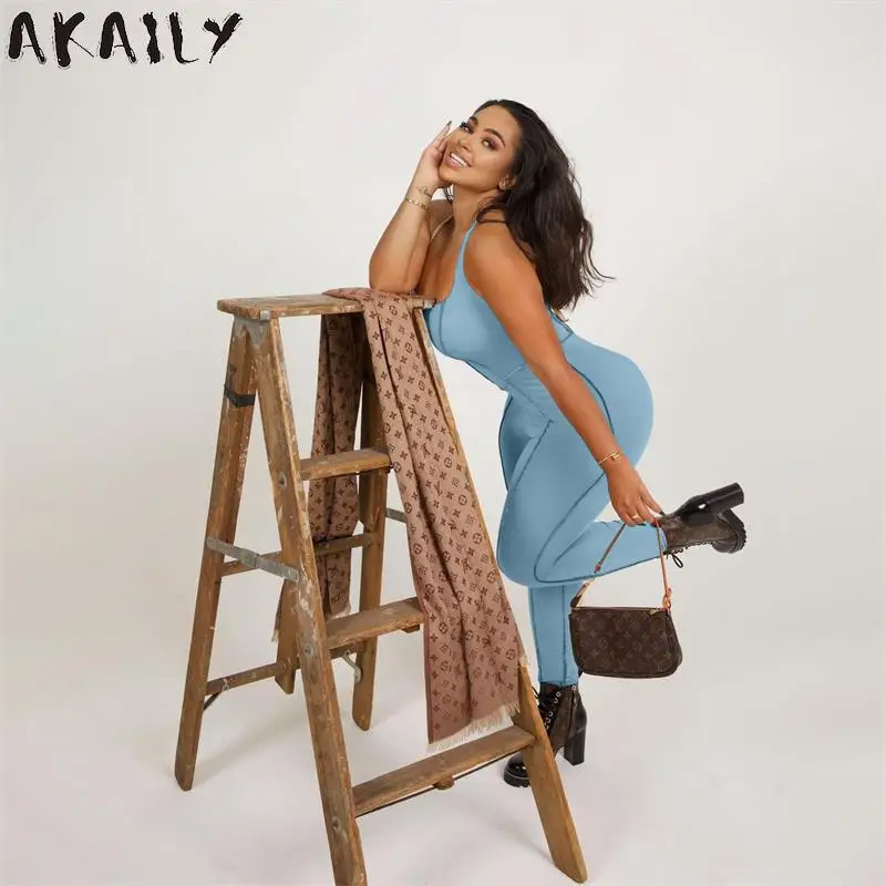 

Akaily Summer Streetwear Striped Sleeveless Bodycon Jumpsuit Women Halter Backless Bandage Jumpsuit Female Fitness Activewear