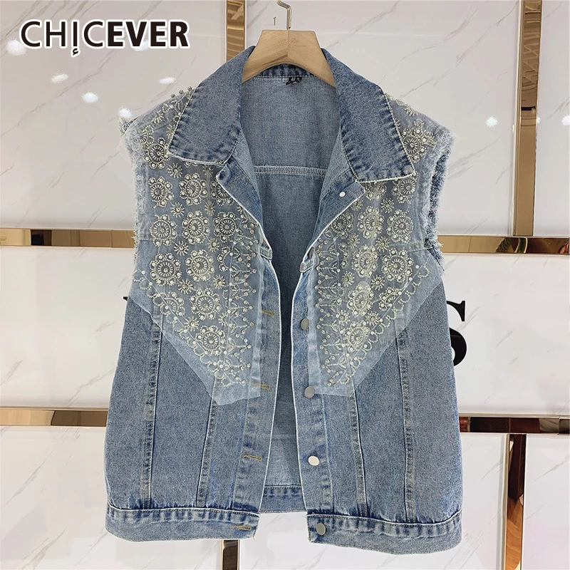 

CHICEVER Casual Patchwork Mesh Tassel Vest For Women Lapel Sleeveless Diamond Straight Korean Coats Female Spring Fashion 2021