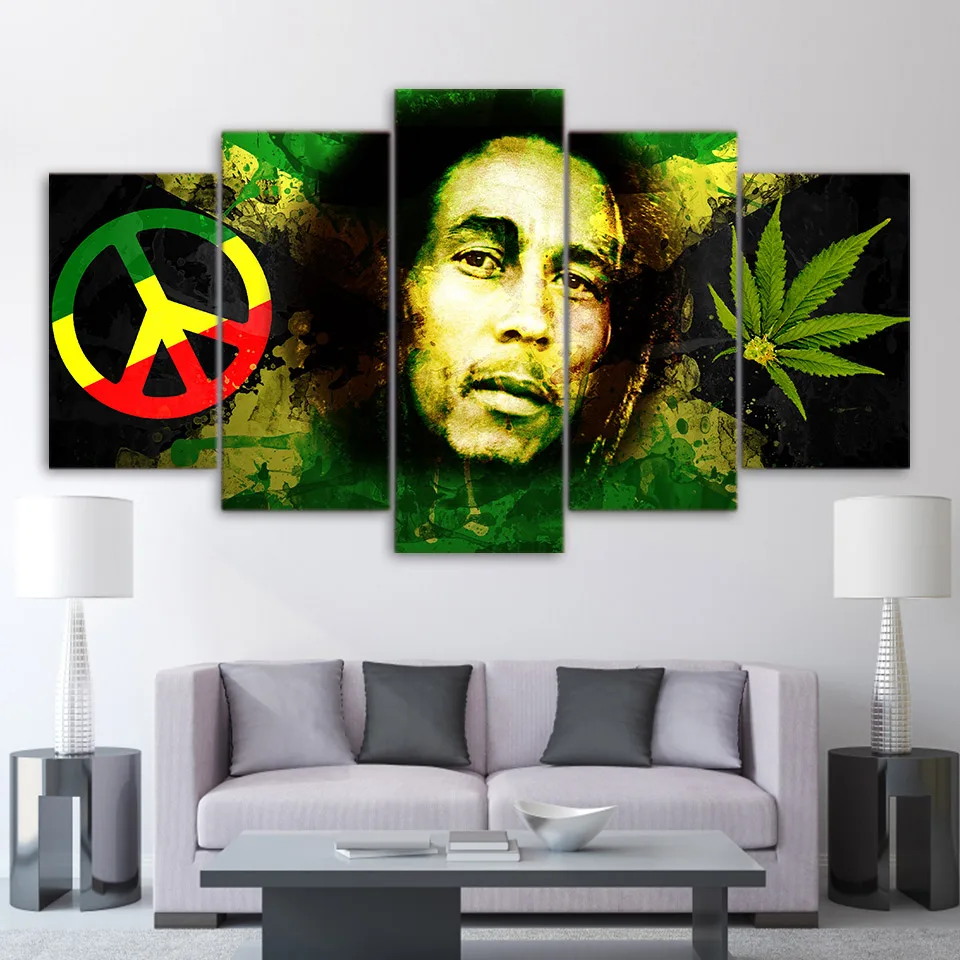 5 Piece Green Leaf Maple Canvas Art HD Print Green Plants Weeds Posters Wall Picture for Living Room Modular Home Decor