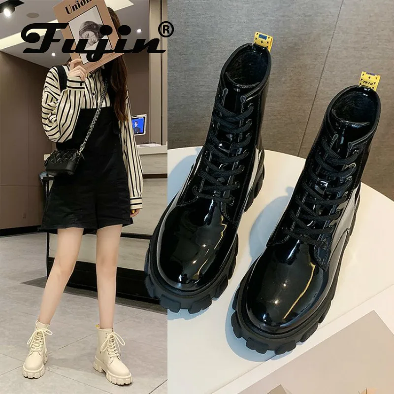 Fujin/зимние женские ботинки Модные зимние с перекрестной шнуровкой круглым носком