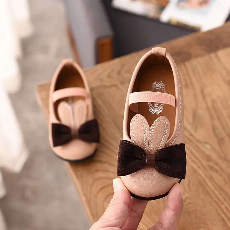 

2021 Fashion Kids Leather Shoes Cute Girls Sweet Soft Leather With Bow-knot Rabbit Ears Kids Shoes Children Shoe Toddlers