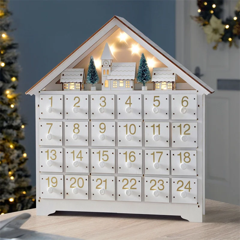 White Christmas LED 24 Day Wooden Advent Calendar Battery-Operated Light-Up 24 Storage Drawers House Home Decorate