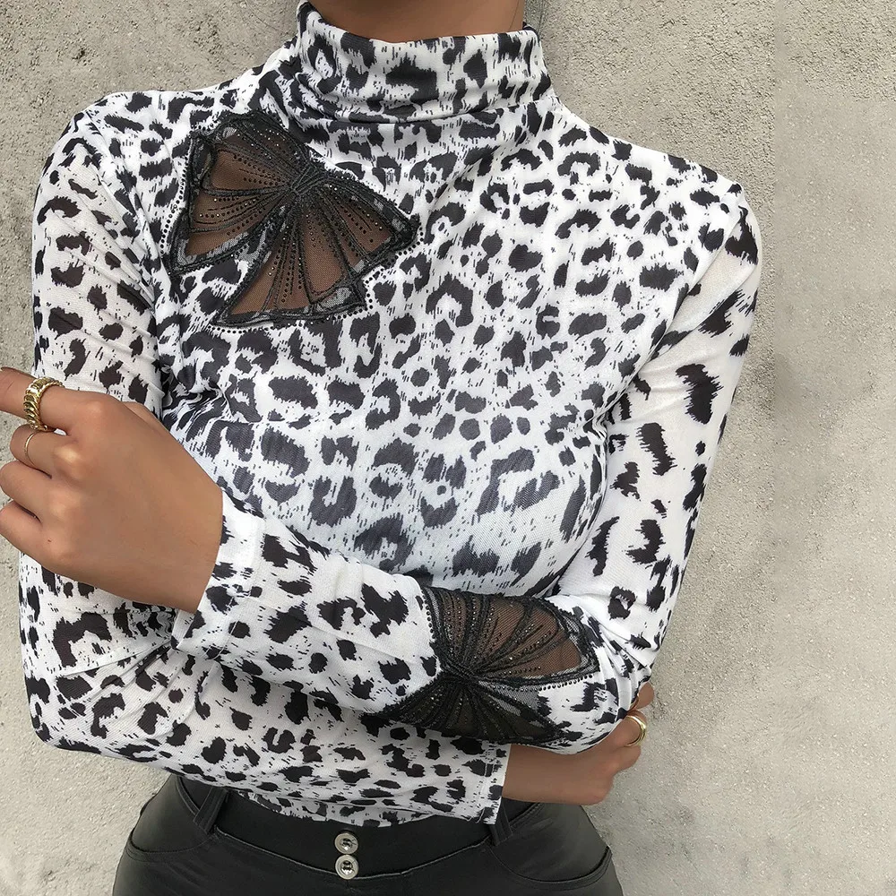 

Sale Women Blouses Fashion Leopard Print Turtleneck Blouse Spring Long Sleeve Shirts Party Ladies Clothes Female Blouses Top