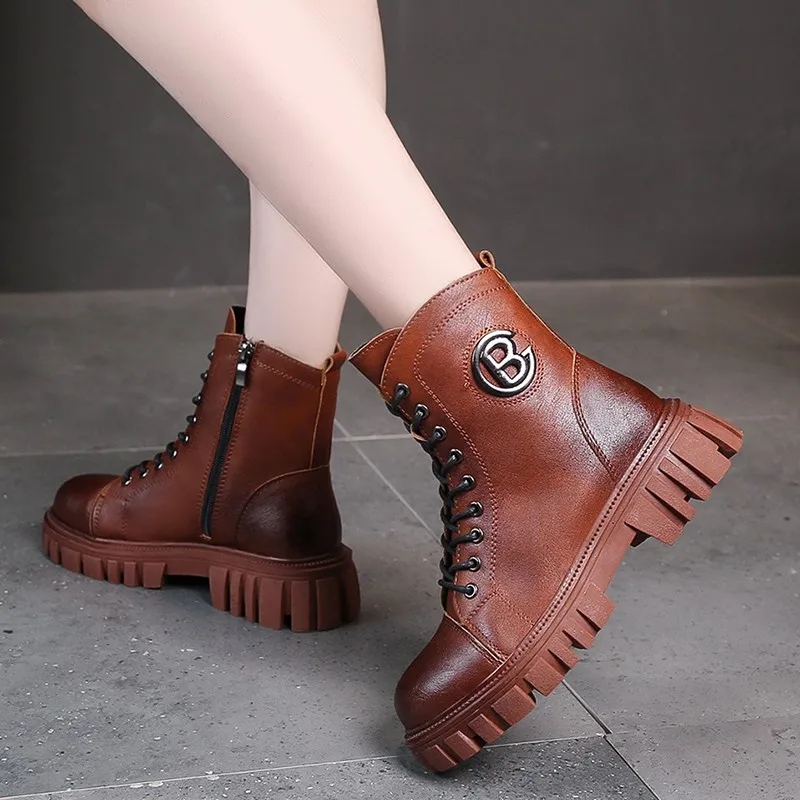 

2021 British ankle boots women's leather lace-up ankle boots, women's thick-soled shoes, autumn and winter black ankle boots to