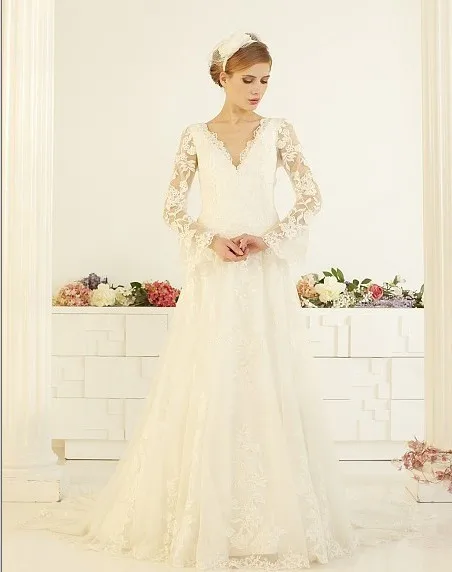 

Elegant vintage finished tulle v-neck white trumpet sleeve lace backless lace wedding dresses brida gowns