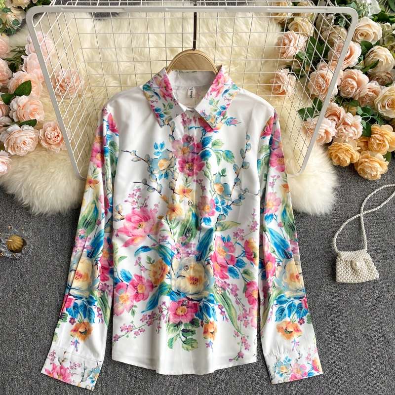 

2021 Women's Spring New Fashion Blouse Retro Print Turn Down Collar Shirt Long Sleeve Resort Style Tops