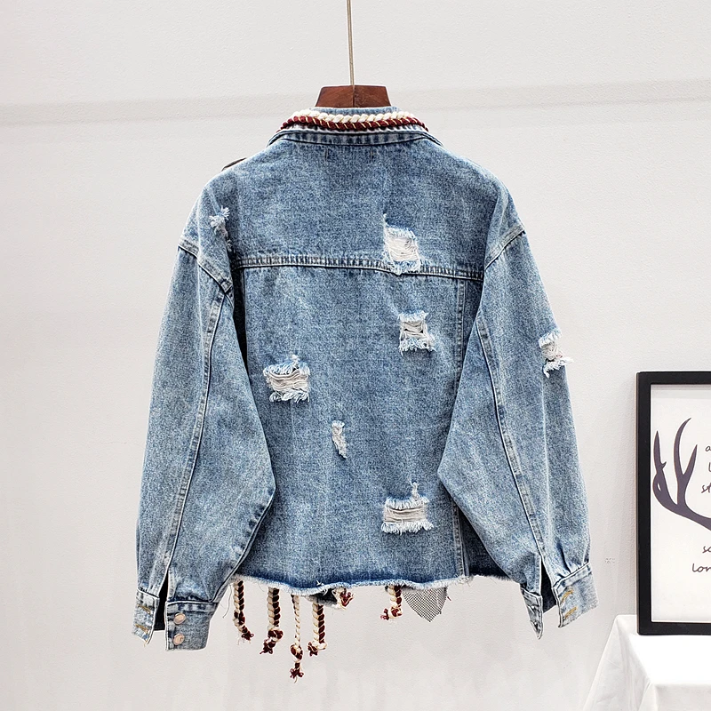 

Women Denim Jacket Spring Autumn Street Hole Ripped Tassel Diamonds Patchwork Turn-Down Collar Outerwear Vintage Cardigan Coat