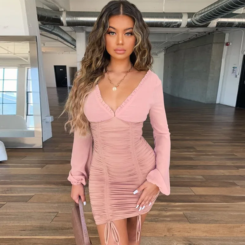 

Sexy Women Deep V-neck Ruffles Bodycon Dress Slim Long Sleeve Party Pencil Short Mini Dress Lantern Sleeve Solid Lace-up Dresses