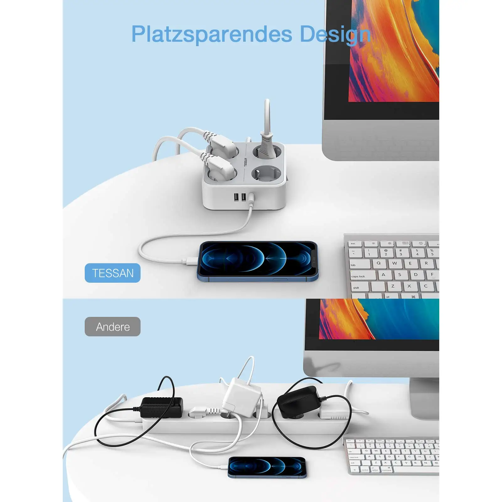 Монтажный удлинитель TESSAN с 3 USB портами 4 розетки и 1 5 м|Удлинители электрические| |