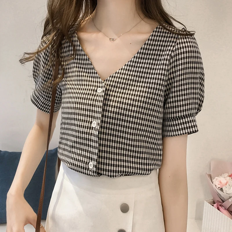 Женские летние топы 2021 женская блузка рубашка в клетку с коротким рукавом v
