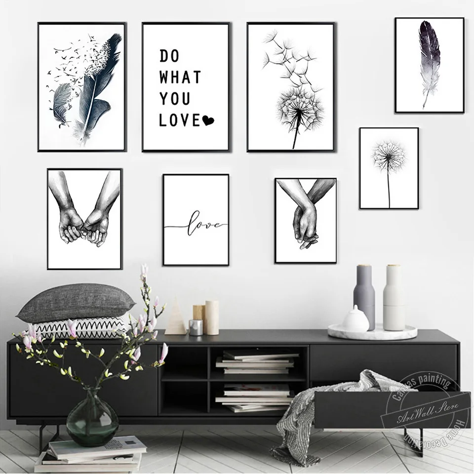 

No Frames Nordic Style Minimalist Art Wall Pictures for Living Room Feather Black and White Canvas Painting Love Gift Wall Decor