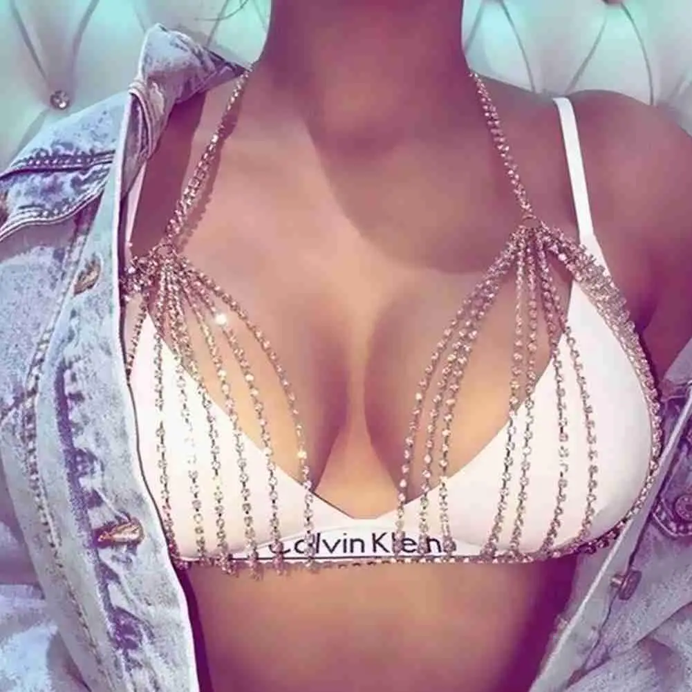

Women's rhinestone body chain multi-layer chain bikini Deep V Bra Chain Summer Rhinestones Beachwear Bikini Body Chain Bra Top