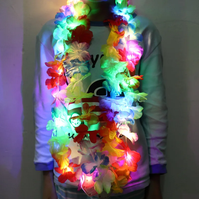 

2022 Colorful LED Flashing Blinking Hawaii Flower Wreath Necklace Leis Women Girls Hula Dance Tropical Glow Party Supplies