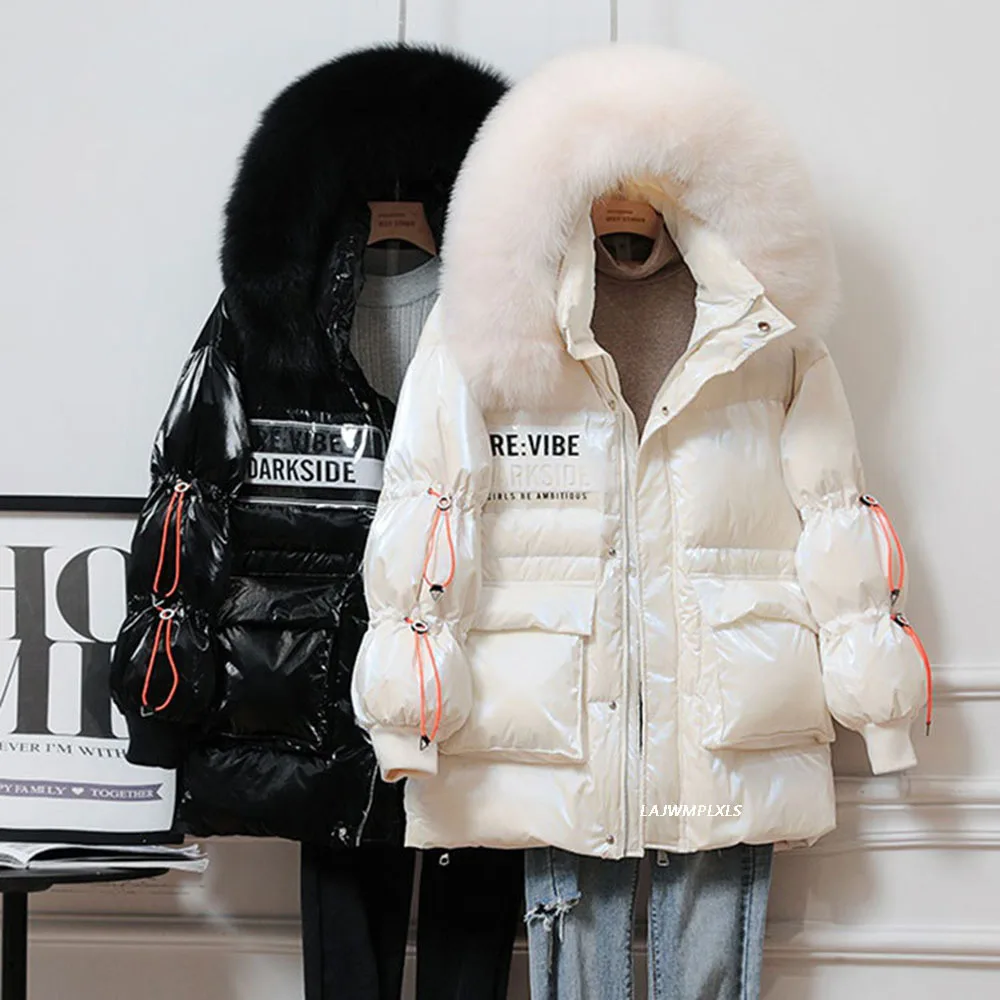 

Glossy Winter Down Parkas Women 90% White Duck Down Large Real Natural Fox Fur Collar Hooded Jacket Warm Thickness Snow Outwear