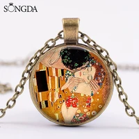 the kiss gustav klimt necklace bronze plated glass dome alloy pendant necklace vintage jewelry famous painting collection