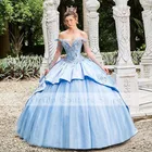 Платье принцессы для девушек, голубое платье для девушек, многоярусная юбка с бисером, vestidos de xv, 2021, одежда для маскарада и выпускного вечера с открытыми плечами