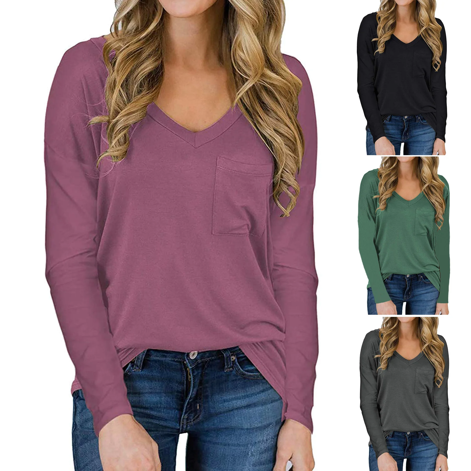 2020 весенняя и осенняя женская футболка свободного кроя с v-образным вырезом