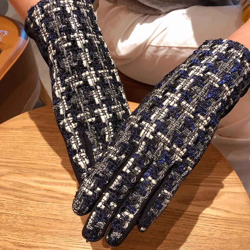 Navy plaid Золотые шелковые перчатки с небольшим ароматом, шерсть, модные шерстяные перчатки в клетку, бархатные Утепленные перчатки для девочек - Цвет: Navy plaid