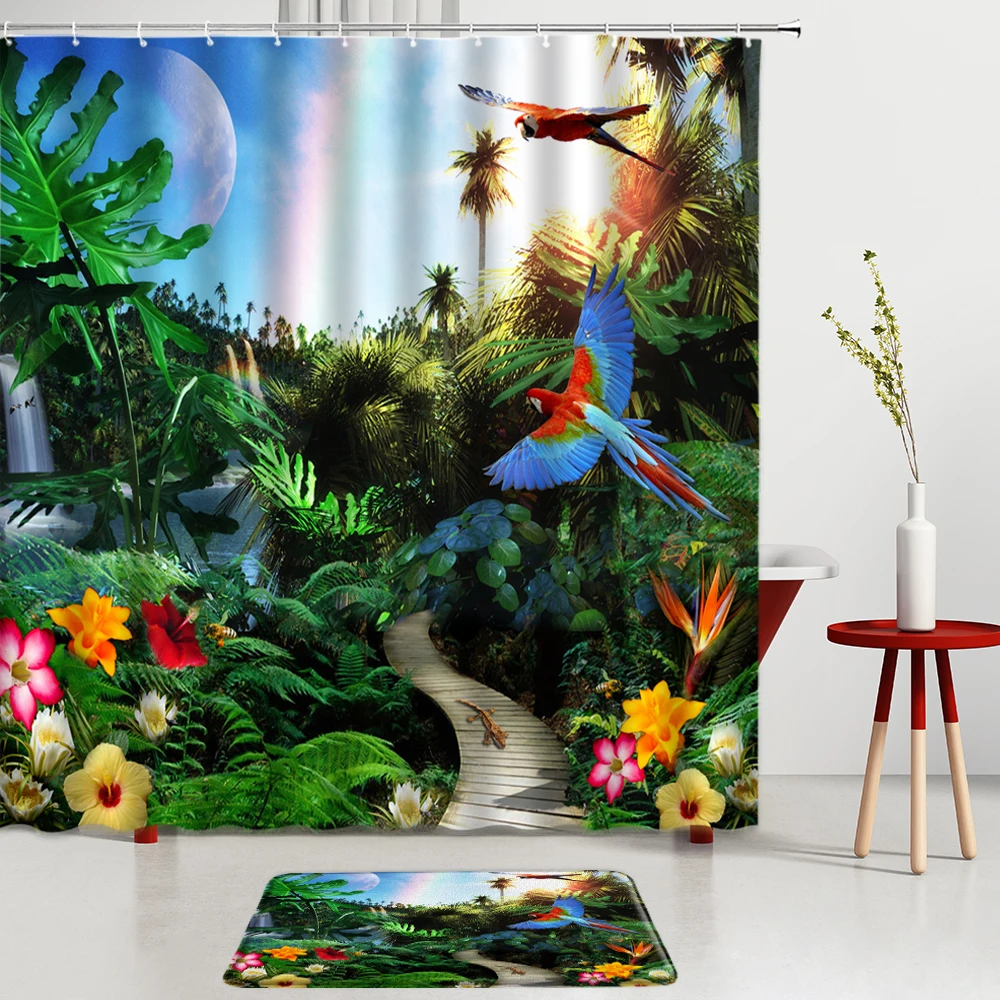 

Tropical Jungle Landscape Shower Curtains Set Wild Animals Parrot Bath Mats Bathroom Rug Room Decoration Non-Slip Carpet