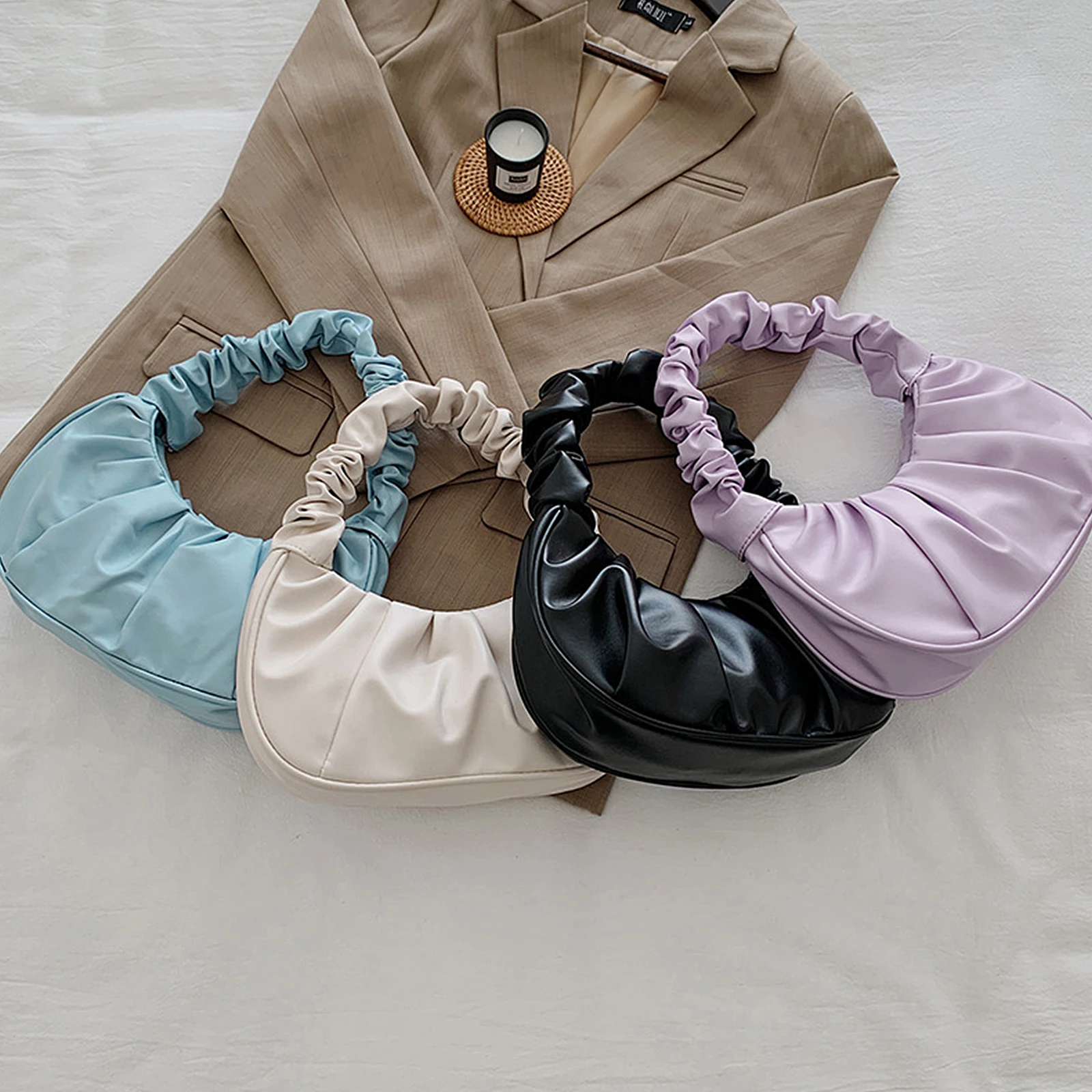 

Fashion Women Shoulder Bag Pleated PU Leather Handbag Female Daily Autumn Casual Street Travel Underarm Bags Shopping Tote 2021