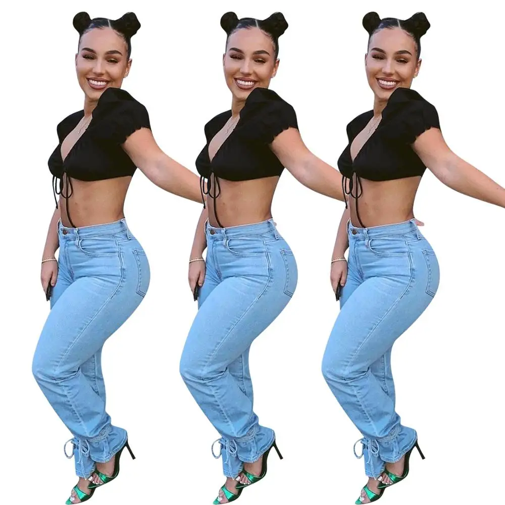 

Hot Style Women Streetwear Solid Color Stacked Jeans 2020 Autumn Newest Lady's High Waist Bodycon Lace-Up Denim Pants