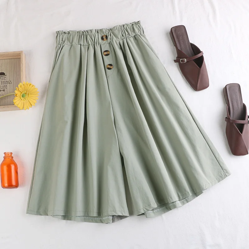 

Fashion 2021 Summer Korean Style Cotton Wide Leg Capris Women Short Pants High Elastic Bud Waist Shorts Skirts Female
