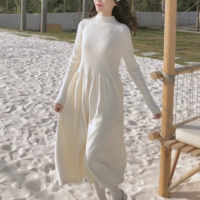 

2021 half high collar slim waist knitted dress autumn and winter bottomed warm long robe for women casual fashion vestidos mujer