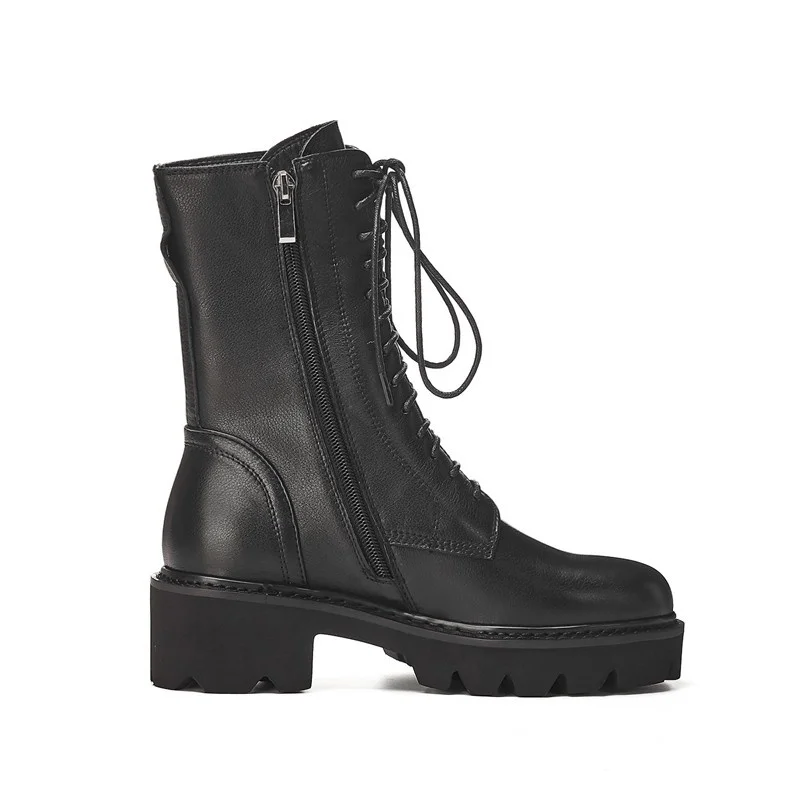

Handmade Short Boots Female Genuine Leather Motorcycle Boots Platform Women Shoes Lace Up Chunky High Heels Zipper Booties Black