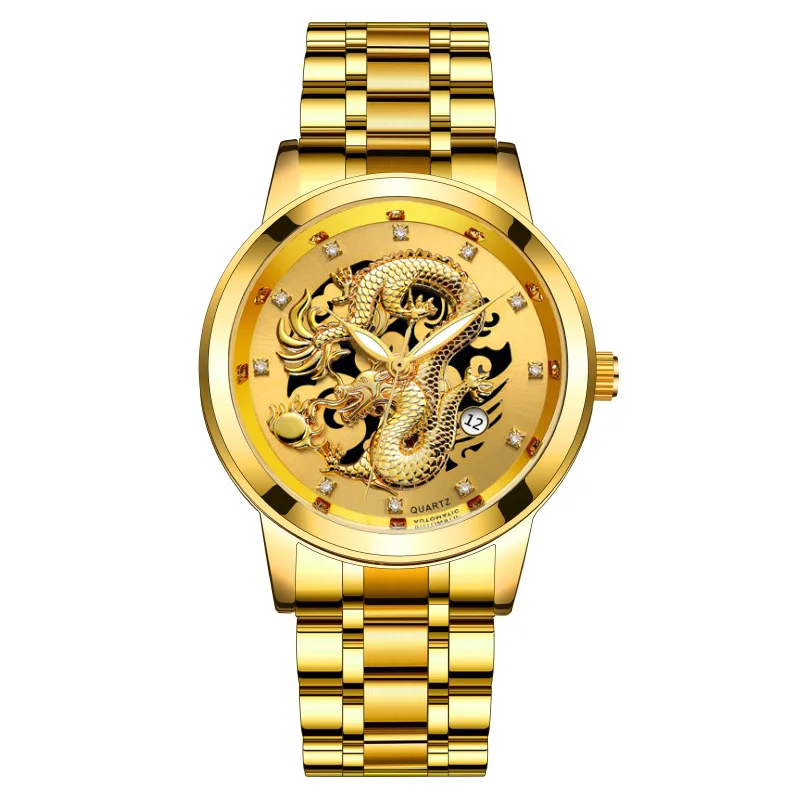 

MREURIO Men's Watch Business Stainless Steel Waterproof Quartz Clock Luxury Diamonds Calendar Chinese Dragon Male's Wristwatches