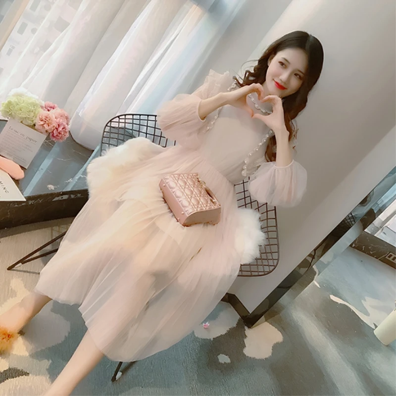 Женское летнее Сетчатое платье модные милые черные платья с длинным рукавом на