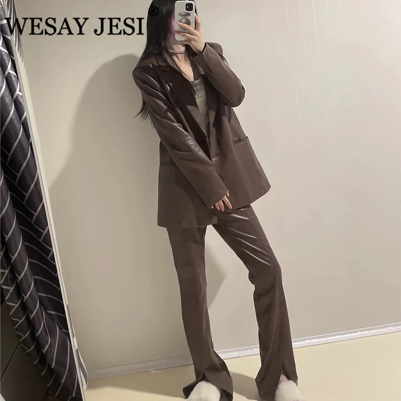

WESAY JESI ZA 2021 Set Woman 2 Pieces PU Faux Leather Jacket Blazer Vintage Solid High Waist Pants Trouser Suits Chic Outerwear