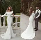 Женское вечернее платье-русалка, с длинными рукавами, открытыми плечами, V-образным вырезом, пуговицами и шлейфом, для выпускного