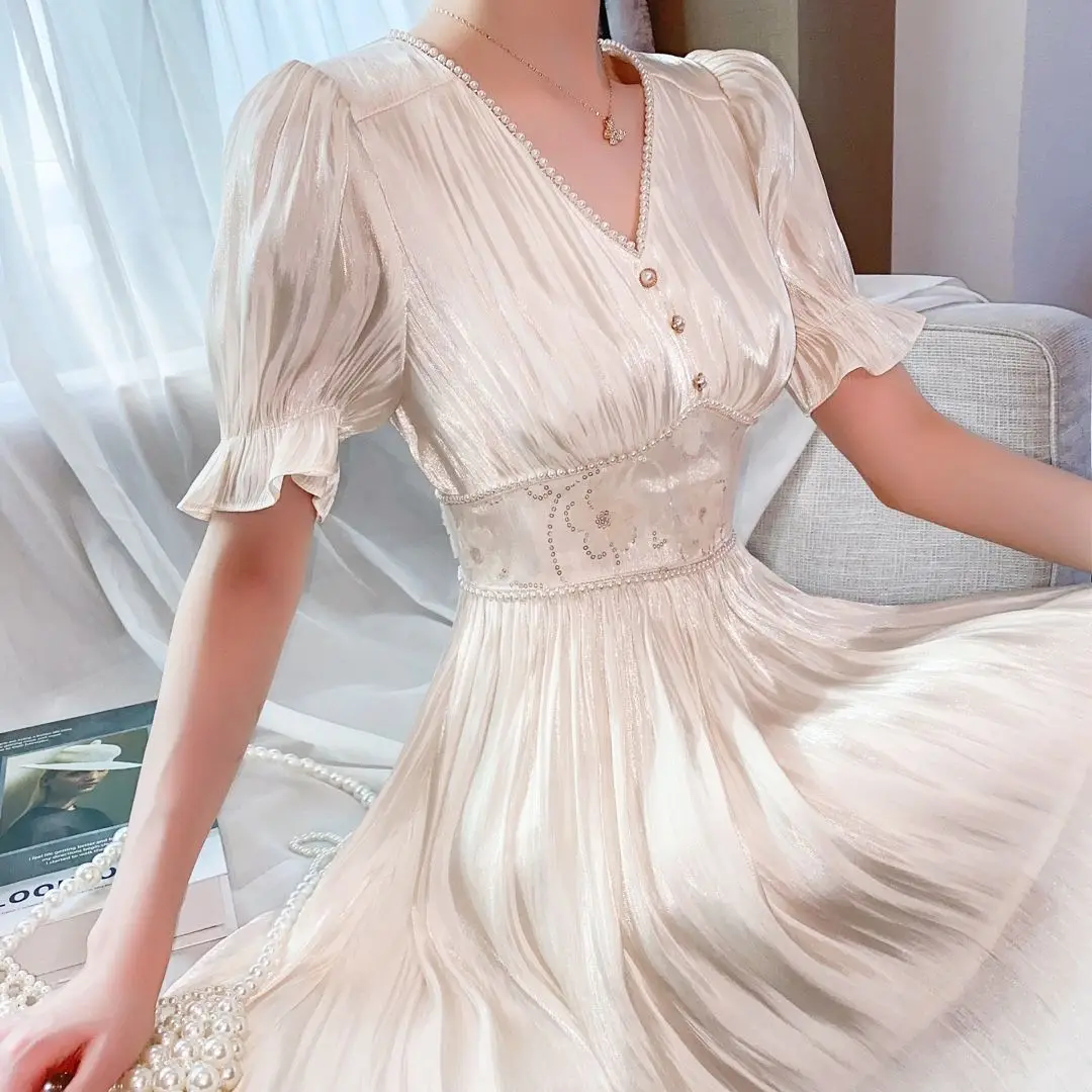 

Dress 2021 summer new French waist slimming long dress maxi dresses for women Ruffles vintage Chiffon Silk