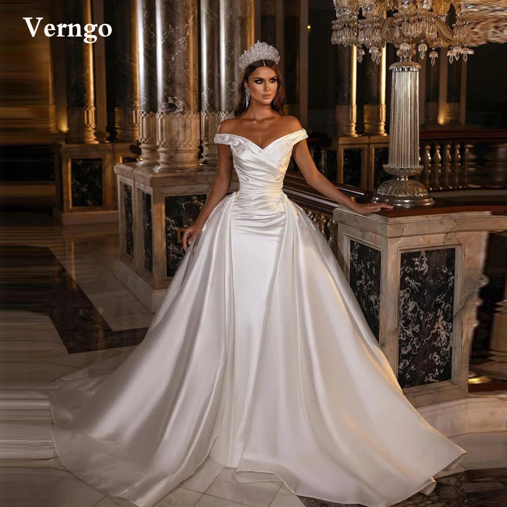 

Verngo Off the Shoulder Satin Wedding Dresses With Detachable Train Beads Pleats Bridal Dress Dubai Women Castal Wedding Gown