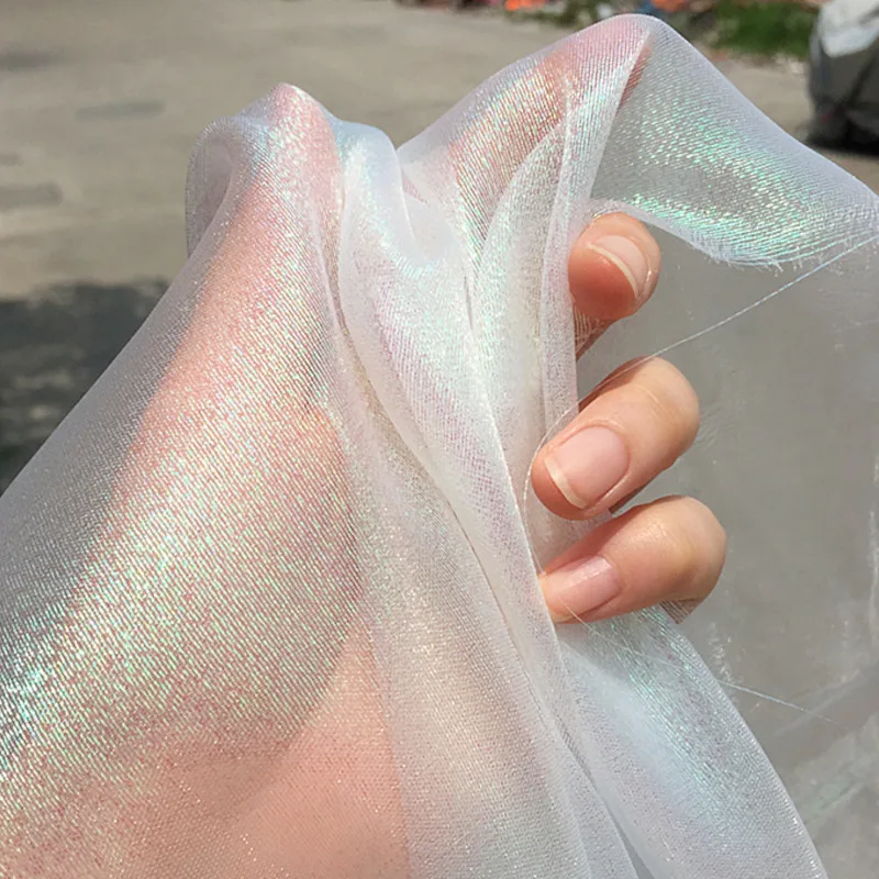 3/5/10m Glitter Shiny Iridescent Organza Fabric Colorful Yarn Cloth Material for Sewing Dress Wedding Decor White Pink Blue - купить по