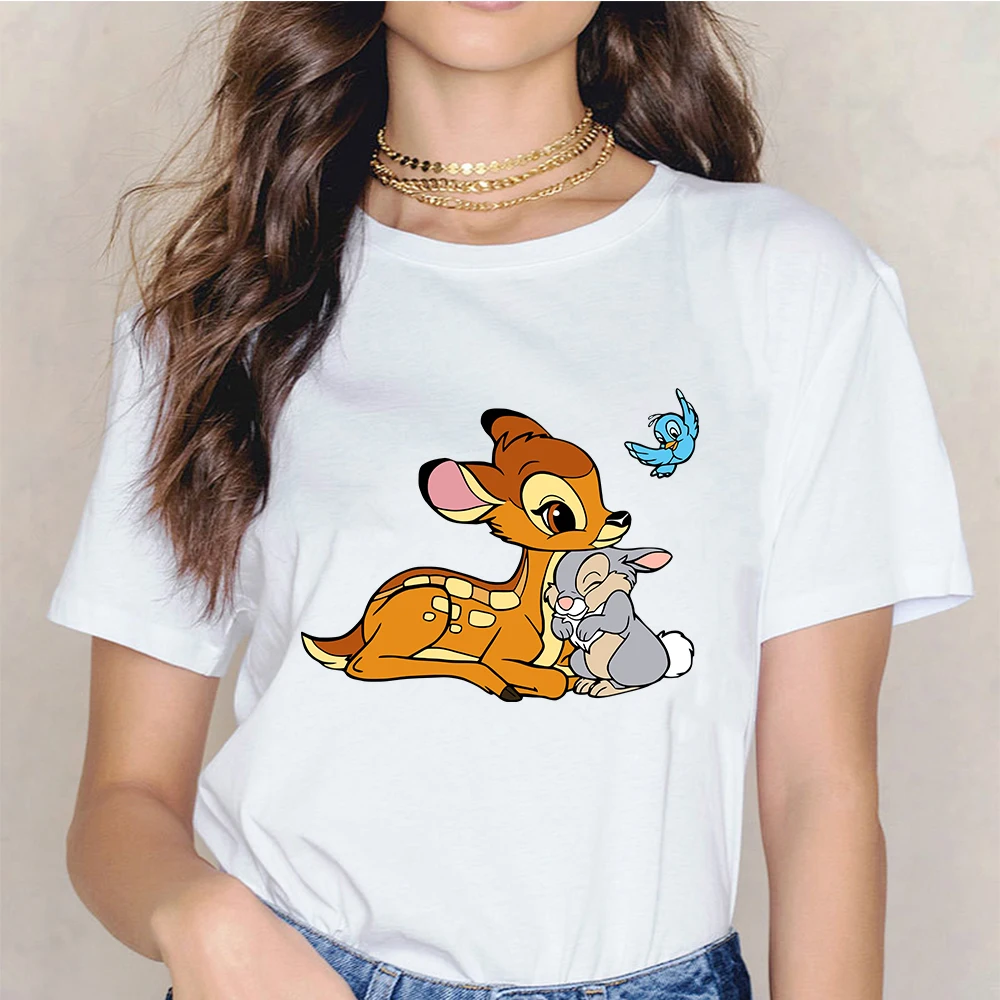 

Bambi Cartoons Printing Tops Disney Flower Women Cute Summer Unisex O-Neck Short Sleeve Loose Clothing Casual Oversized T Shirt