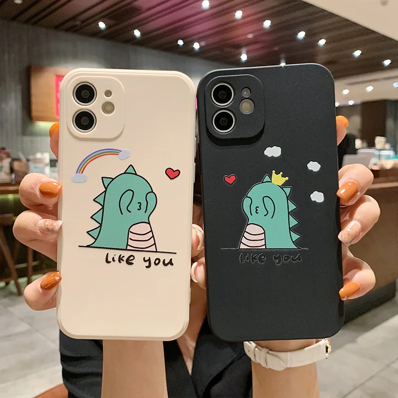 

Cute Couple Dinosaur Phone Case For iPhone 13 12 11 Pro Max Mini X XS XR 6 6S 7 8Plus Original Liquid Silicone Cover